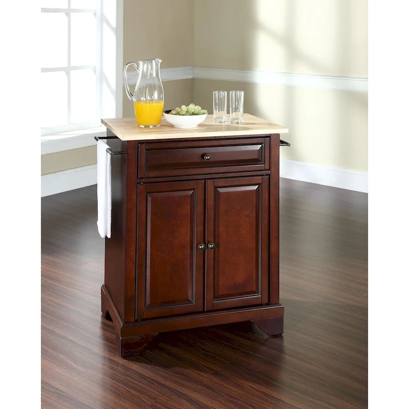 Îlot de cuisine portable avec dessus en bois naturel et finition acajou – 18P x 31L x 35H
