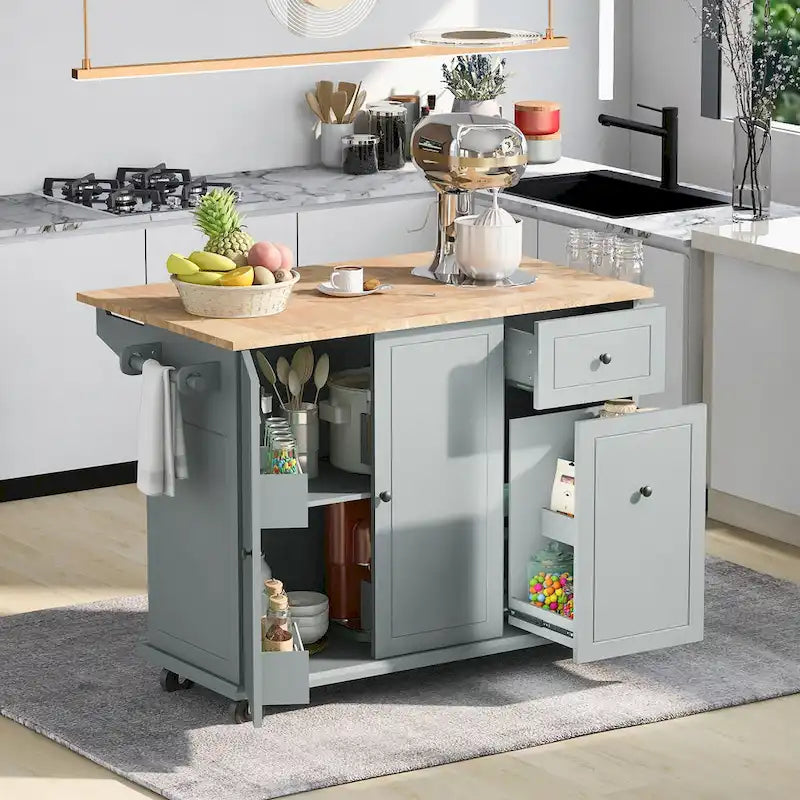 Îlot de cuisine roulant de 53,9 po de largeur avec abattant et armoire coulissante à 3 niveaux
