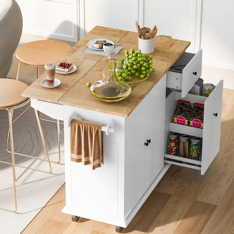 Îlot de cuisine roulant de 53,9 po de largeur avec abattant et armoire coulissante à 3 niveaux