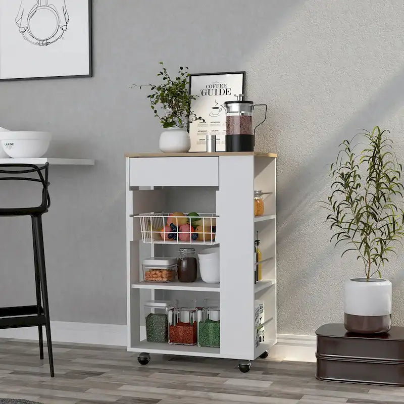 Desserte de cuisine pour cuisine, salle à manger, salon, blanc / chêne clair
