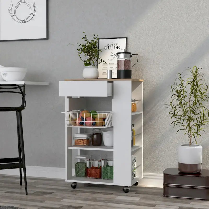 Desserte de cuisine pour cuisine, salle à manger, salon, blanc / chêne clair