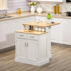 Îlot de cuisine avec armoire de rangement, plateau en bois d'hévéa à 2 niveaux, étagères réglables et tiroirs