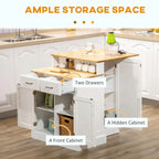 Îlot de cuisine avec armoire de rangement, plateau en bois d'hévéa à 2 niveaux, étagères réglables et tiroirs