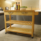 Îlot de cuisine et desserte au design simple, deux étagères de présentation et 2 tiroirs avec plateau en bois