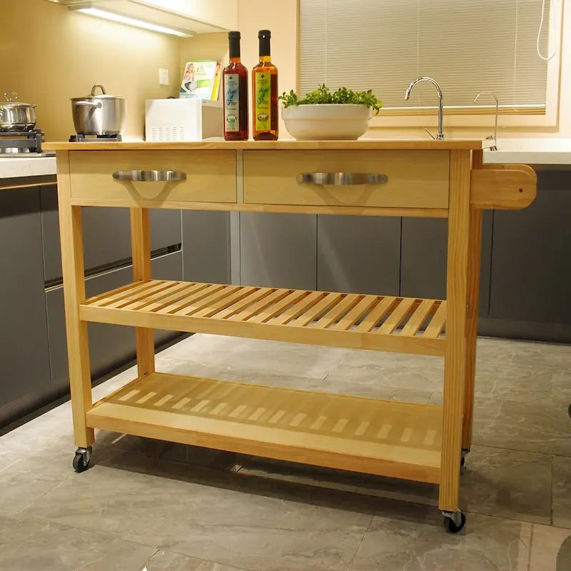 Îlot de cuisine et desserte au design simple, deux étagères de présentation et 2 tiroirs avec plateau en bois