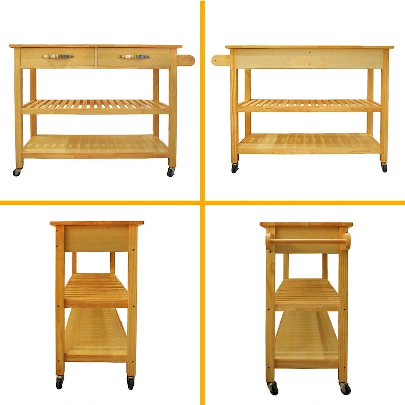 Îlot de cuisine et desserte au design simple, deux étagères de présentation et 2 tiroirs avec plateau en bois