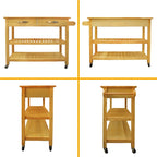 Îlot de cuisine et desserte au design simple, deux étagères de présentation et 2 tiroirs avec plateau en bois