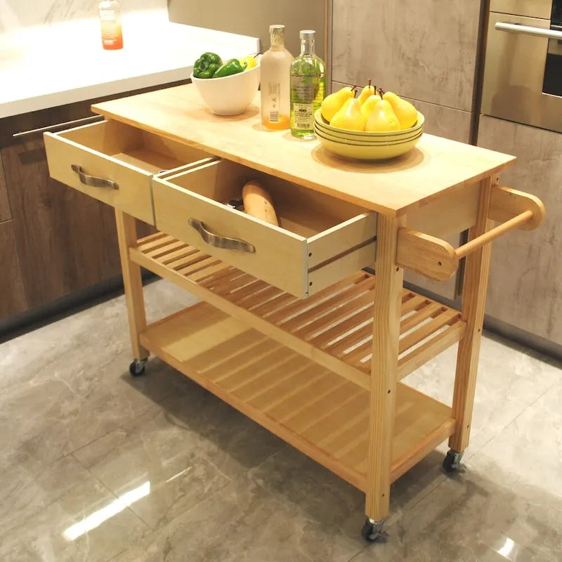 Îlot de cuisine et desserte au design simple, deux étagères de présentation et 2 tiroirs avec plateau en bois