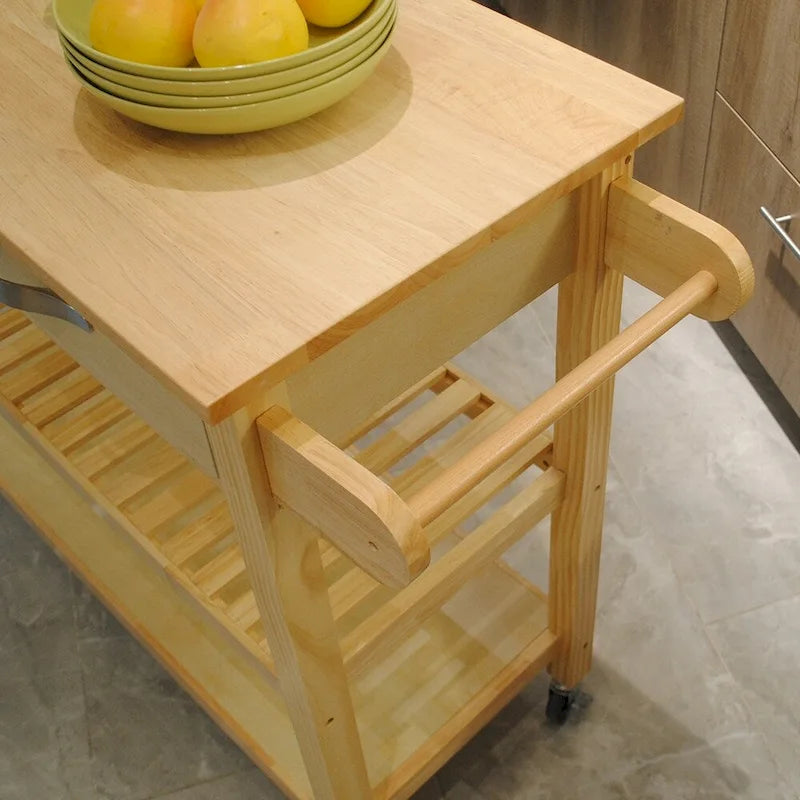 Îlot de cuisine et desserte au design simple, deux étagères de présentation et 2 tiroirs avec plateau en bois