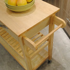 Îlot de cuisine et desserte au design simple, deux étagères de présentation et 2 tiroirs avec plateau en bois