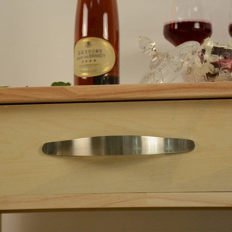 Îlot de cuisine et desserte au design simple, deux étagères de présentation et 2 tiroirs avec plateau en bois