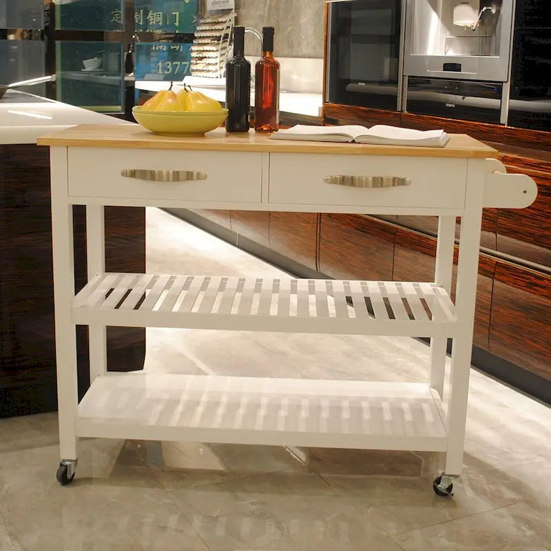 Îlot de cuisine et desserte au design simple, deux étagères de présentation et 2 tiroirs avec plateau en bois