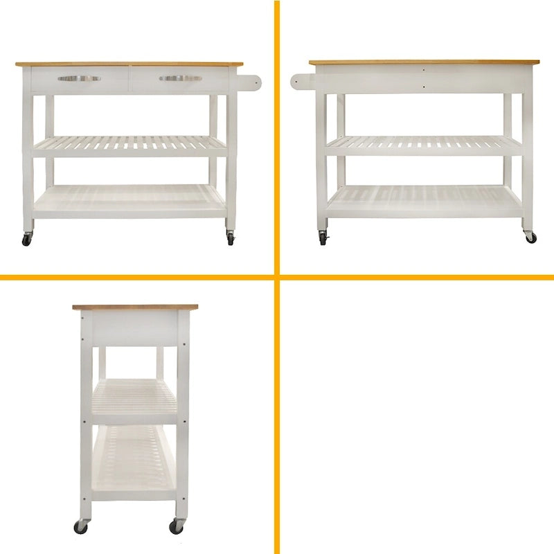 Îlot de cuisine et desserte au design simple, deux étagères de présentation et 2 tiroirs avec plateau en bois