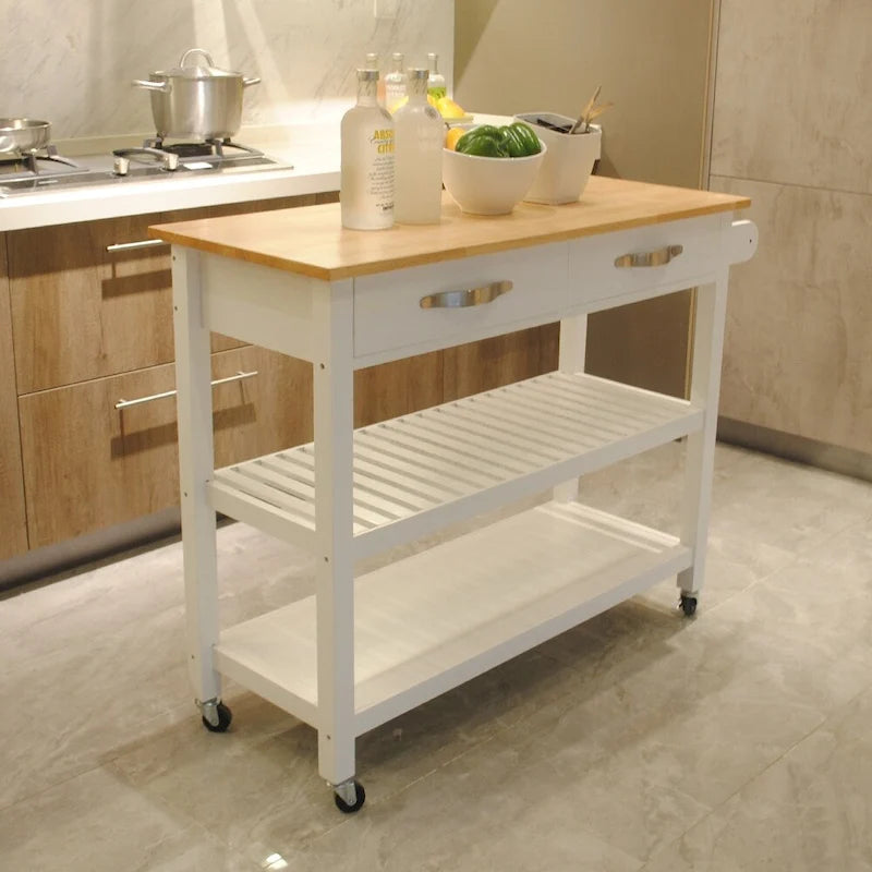 Îlot de cuisine et desserte au design simple, deux étagères de présentation et 2 tiroirs avec plateau en bois