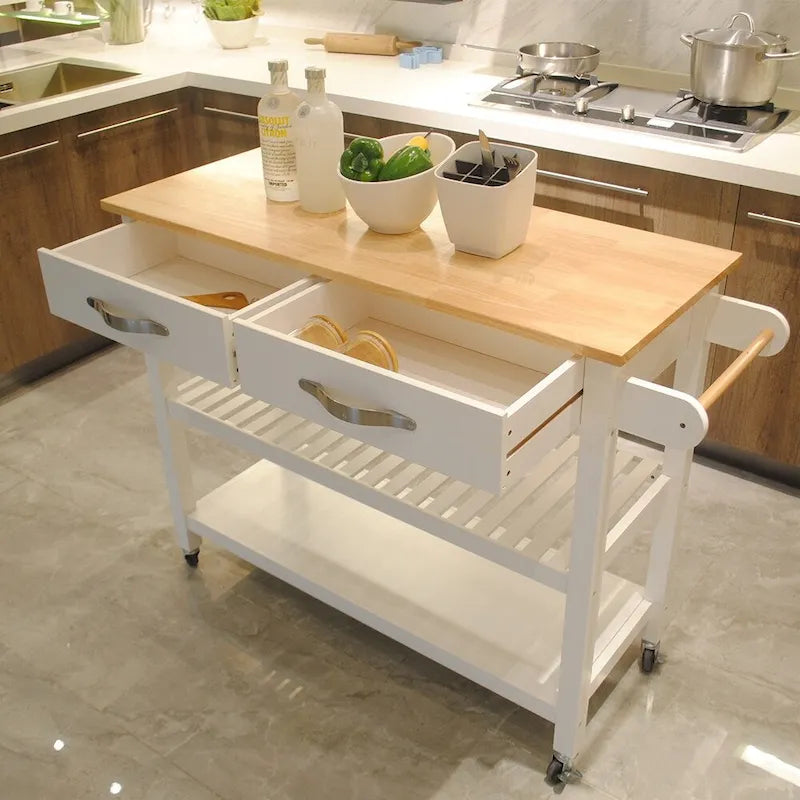 Îlot de cuisine et desserte au design simple, deux étagères de présentation et 2 tiroirs avec plateau en bois