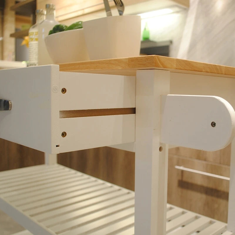 Îlot de cuisine et desserte au design simple, deux étagères de présentation et 2 tiroirs avec plateau en bois