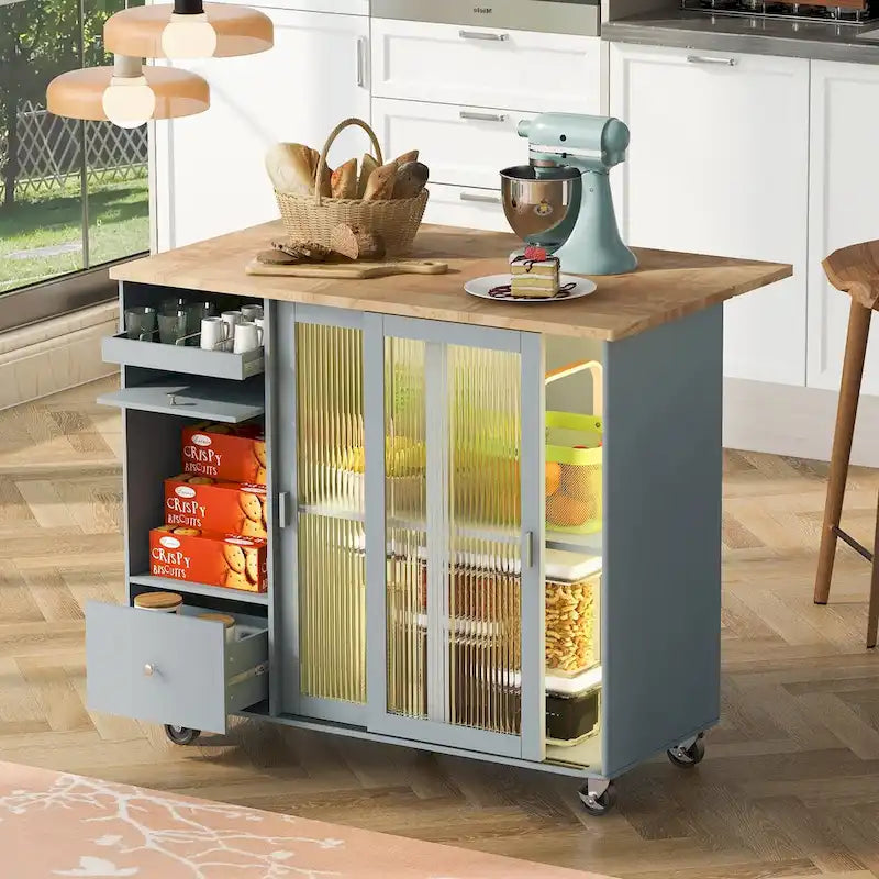 Kitchen Island Cart with Drop-Leaf Countertop, LED Lighting, Fluted Glass Doors, Adjustable Shelf, and Two Drawers