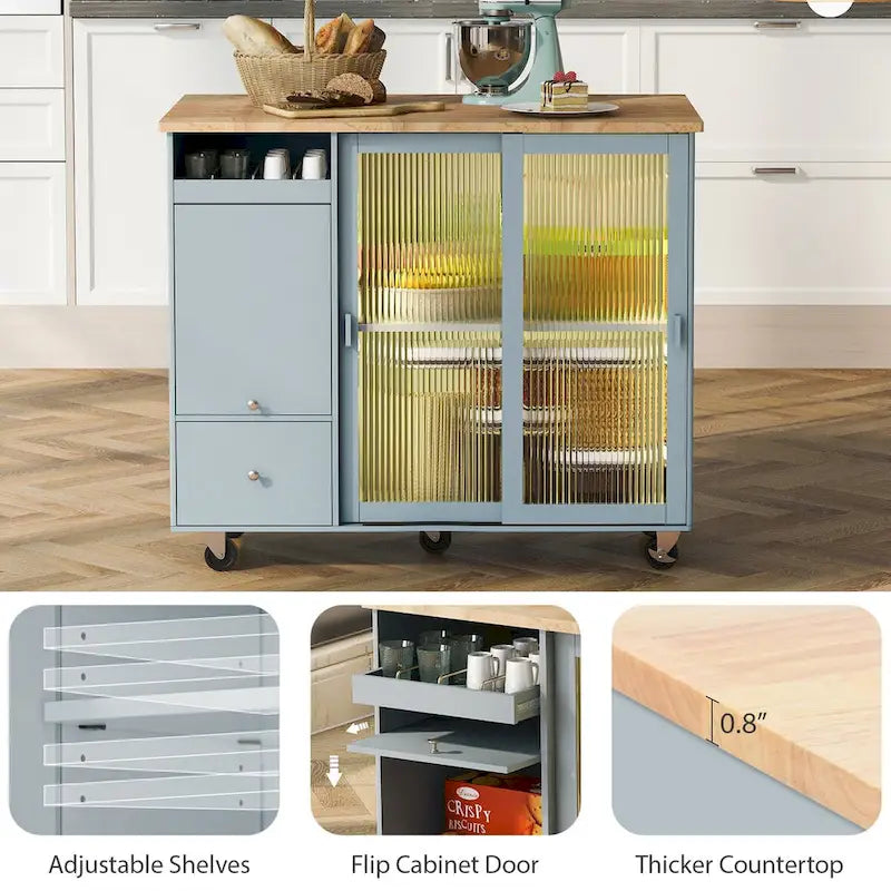 Desserte Îlot de Cuisine avec Plan de Travail Rabattable, Éclairage LED, Portes Vitrées Cannelées, Étagère Réglable et Deux Tiroirs