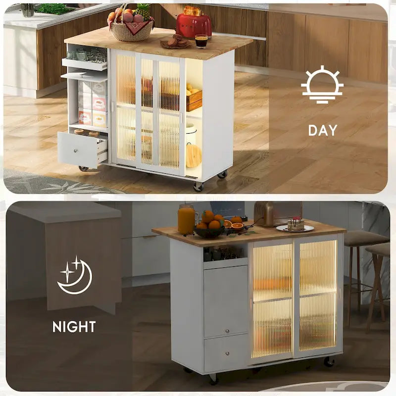 Desserte Îlot de Cuisine avec Plan de Travail Rabattable, Éclairage LED, Portes Vitrées Cannelées, Étagère Réglable et Deux Tiroirs
