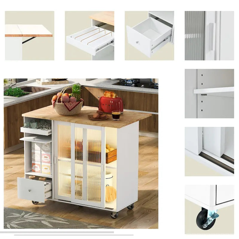 Desserte Îlot de Cuisine avec Plan de Travail Rabattable, Éclairage LED, Portes Vitrées Cannelées, Étagère Réglable et Deux Tiroirs