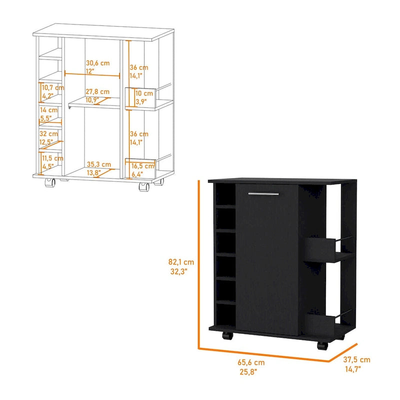 Chariot de bar Woodland avec roulettes, casier à vin et étagère ouverte noir