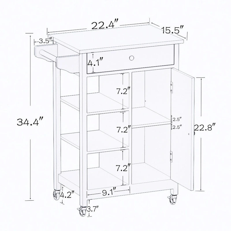 Desserte de cuisine roulante avec étagères réglables et porte-serviettes – 66L * 39,5l * 86,5H cm