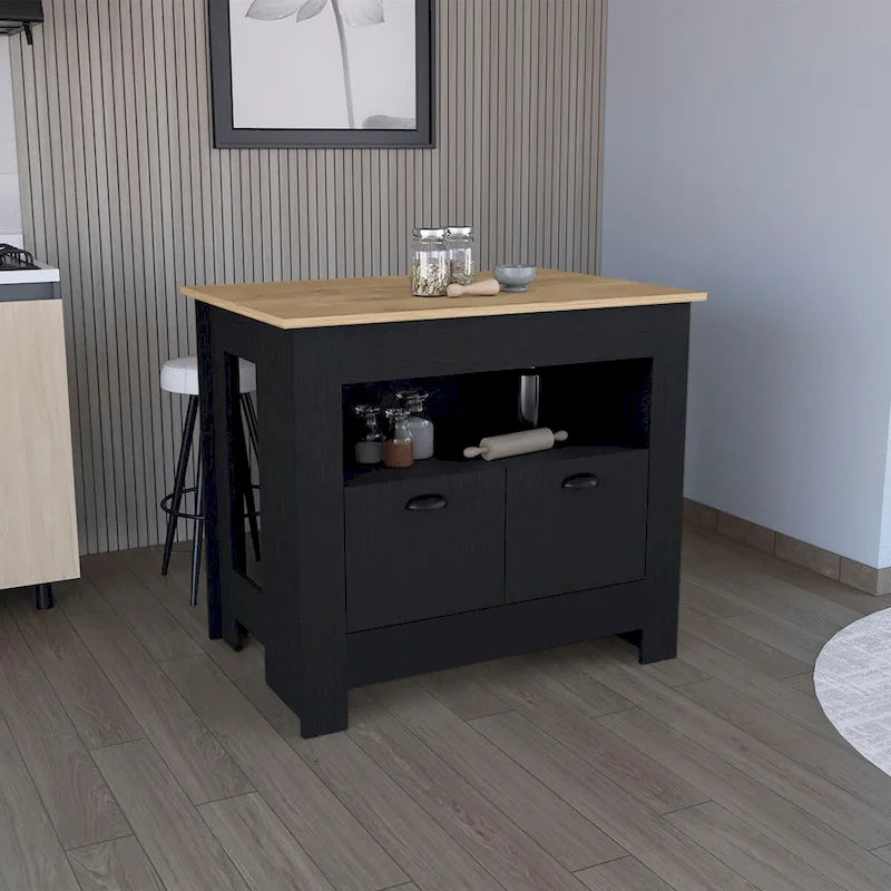 Îlot de cuisine avec meuble à deux portes et étagère pour salle à manger.