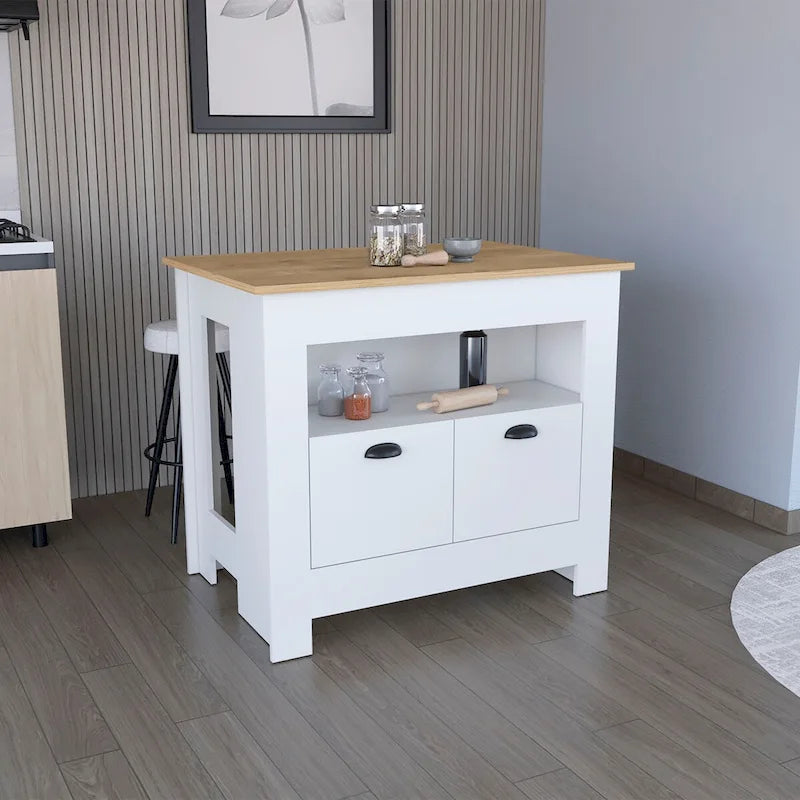 Îlot de cuisine avec meuble à deux portes et étagère pour salle à manger.