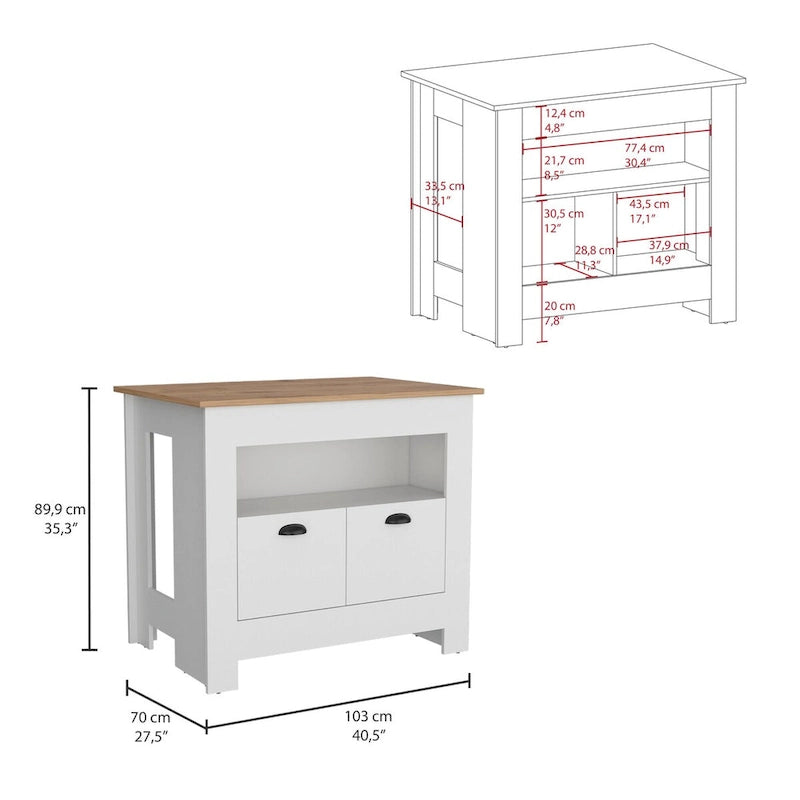 Îlot de cuisine avec meuble à deux portes et étagère pour salle à manger.