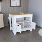 Îlot de cuisine avec meuble à deux portes et étagère pour salle à manger.