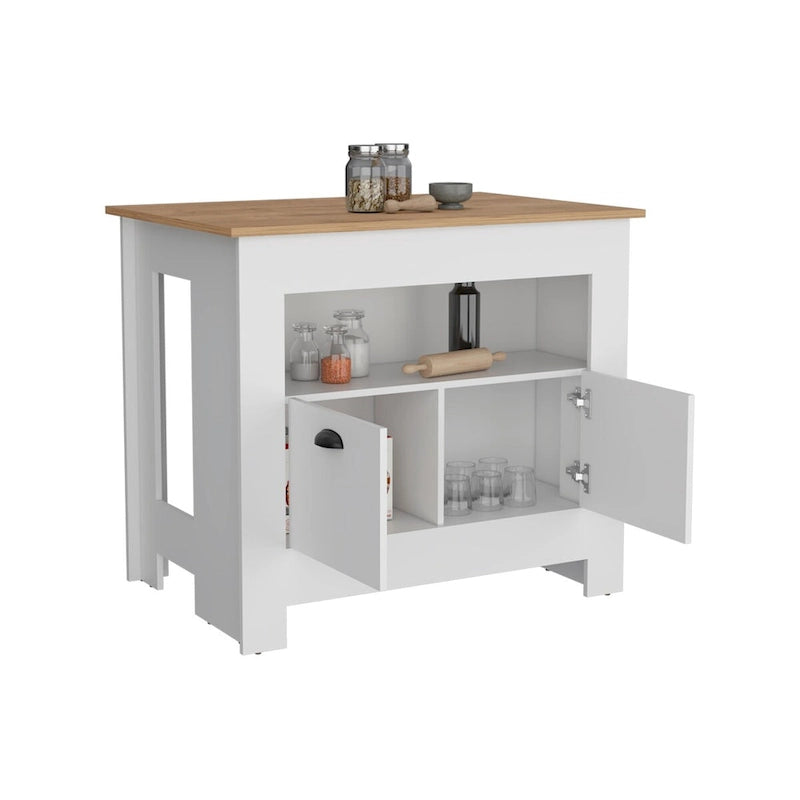 Îlot de cuisine avec meuble à deux portes et étagère pour salle à manger.