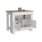 Îlot de cuisine avec meuble à deux portes et étagère pour salle à manger.