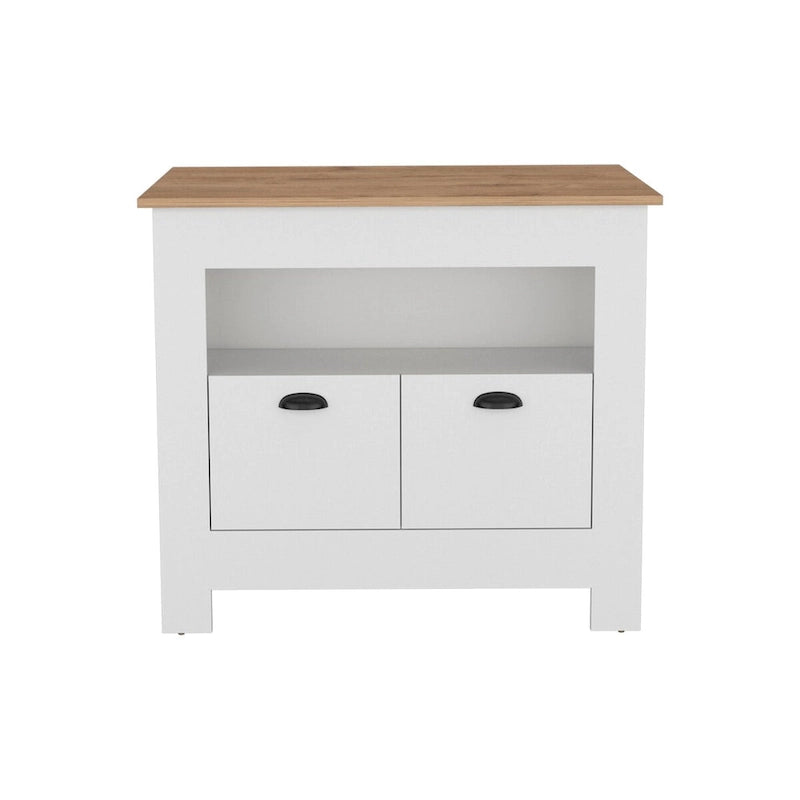 Îlot de cuisine avec meuble à deux portes et étagère pour salle à manger.