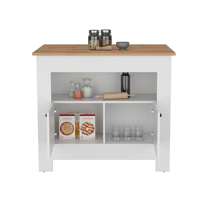 Îlot de cuisine avec meuble à deux portes et étagère pour salle à manger.