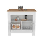 Îlot de cuisine avec meuble à deux portes et étagère pour salle à manger.