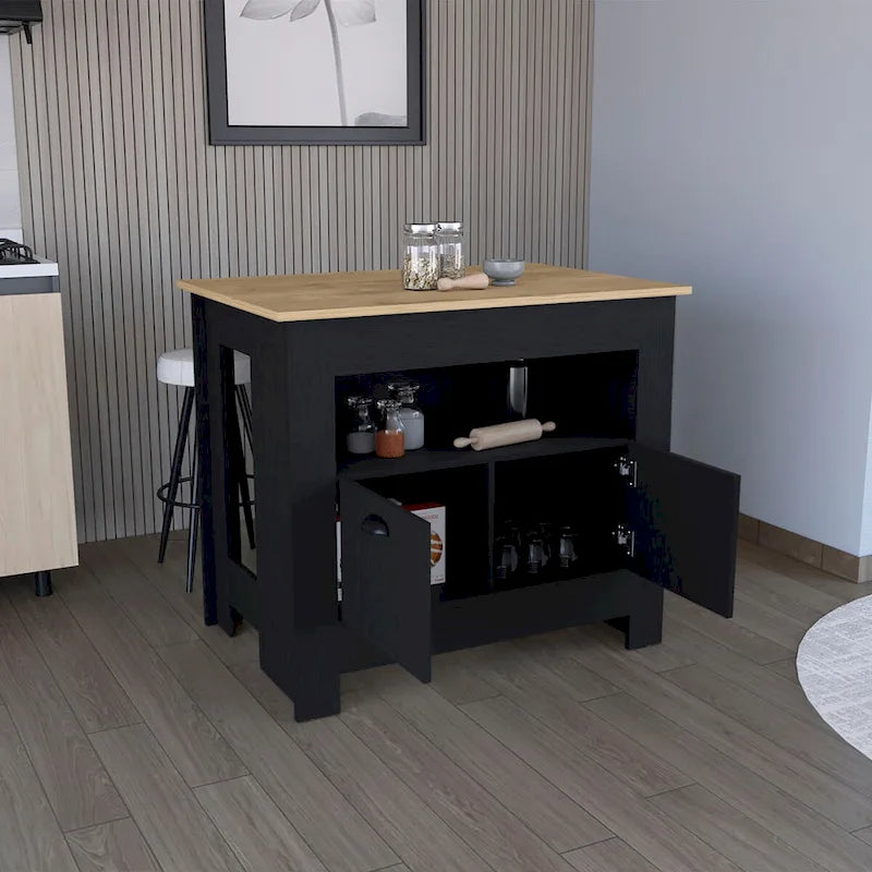 Îlot de cuisine avec meuble à deux portes et étagère pour salle à manger.