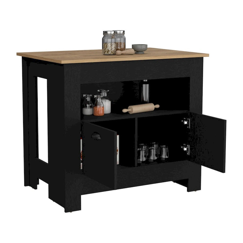 Îlot de cuisine avec meuble à deux portes et étagère pour salle à manger.