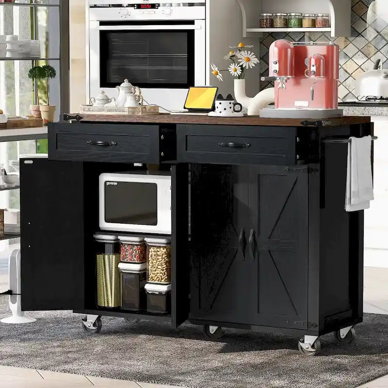 53.5 Farmhouse Kitchen Trolley with Power Outlet, Drop Leaf, Spice Rack, and Drawers, Mobile Cart on Wheels