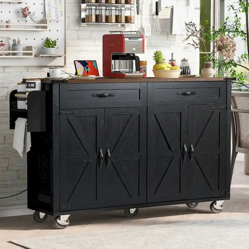 53,5 Chariot de cuisine de style campagnard avec prise de courant, abattant, porte-épices et tiroirs, desserte mobile à roulettes