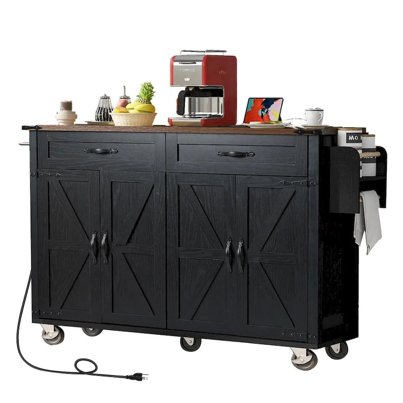 53,5 Chariot de cuisine de style campagnard avec prise de courant, abattant, porte-épices et tiroirs, desserte mobile à roulettes