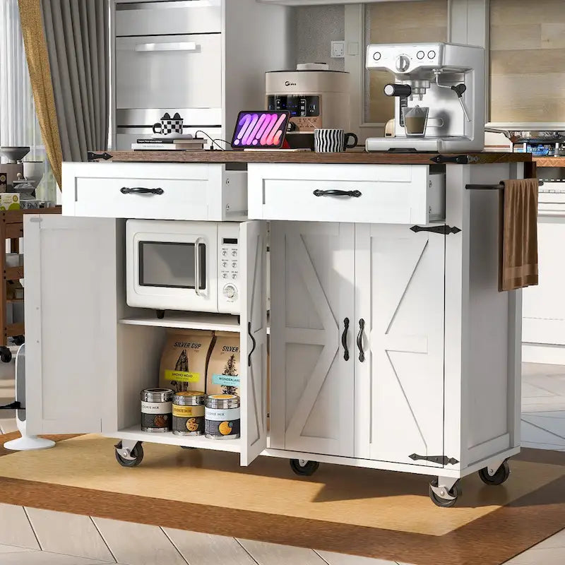 53,5 Chariot de cuisine de style campagnard avec prise de courant, abattant, porte-épices et tiroirs, desserte mobile à roulettes