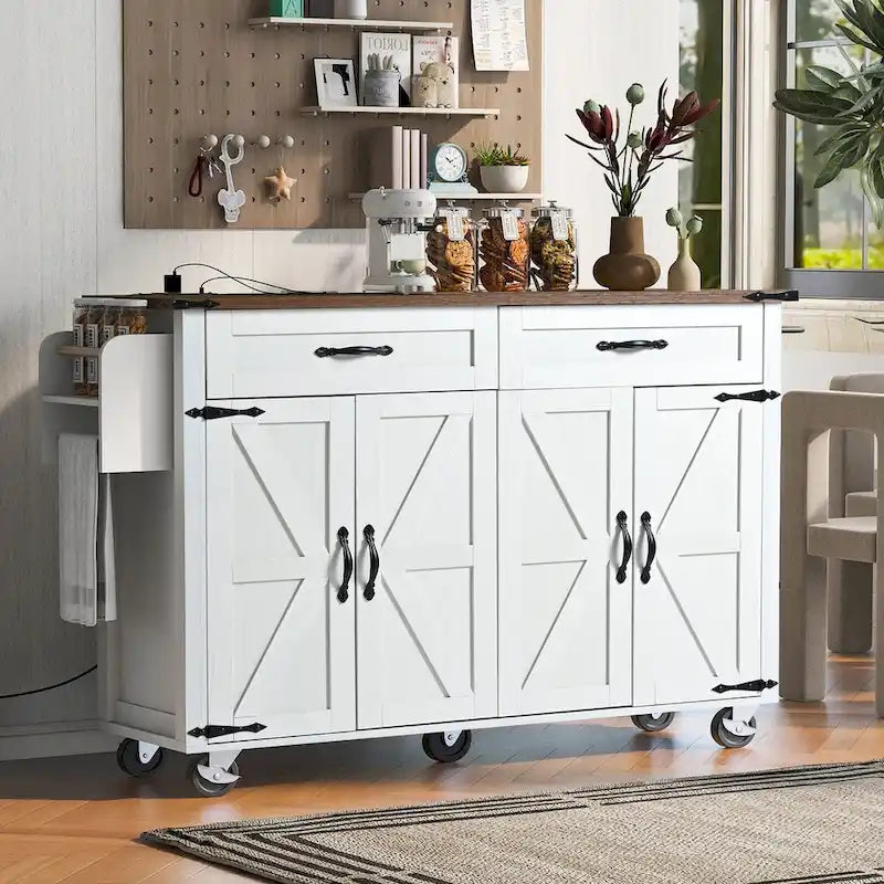 53,5 Chariot de cuisine de style campagnard avec prise de courant, abattant, porte-épices et tiroirs, desserte mobile à roulettes
