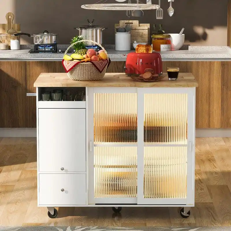 Desserte de cuisine à roulettes avec abattant, lumière LED, 2 portes vitrées cannelées et 1 porte d'armoire basculante.