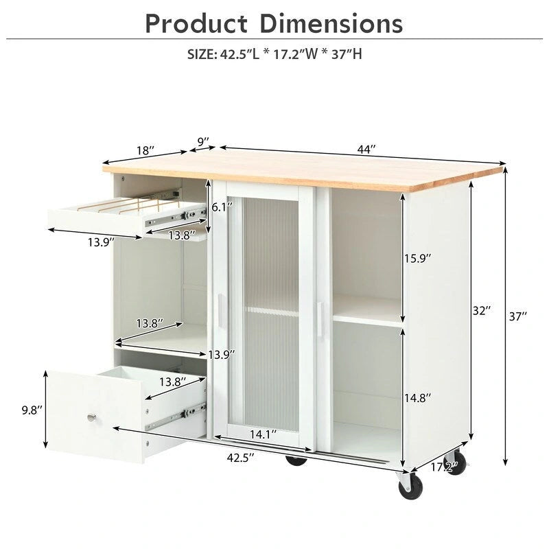 Desserte de cuisine à roulettes avec abattant, lumière LED, 2 portes vitrées cannelées et 1 porte d'armoire basculante.