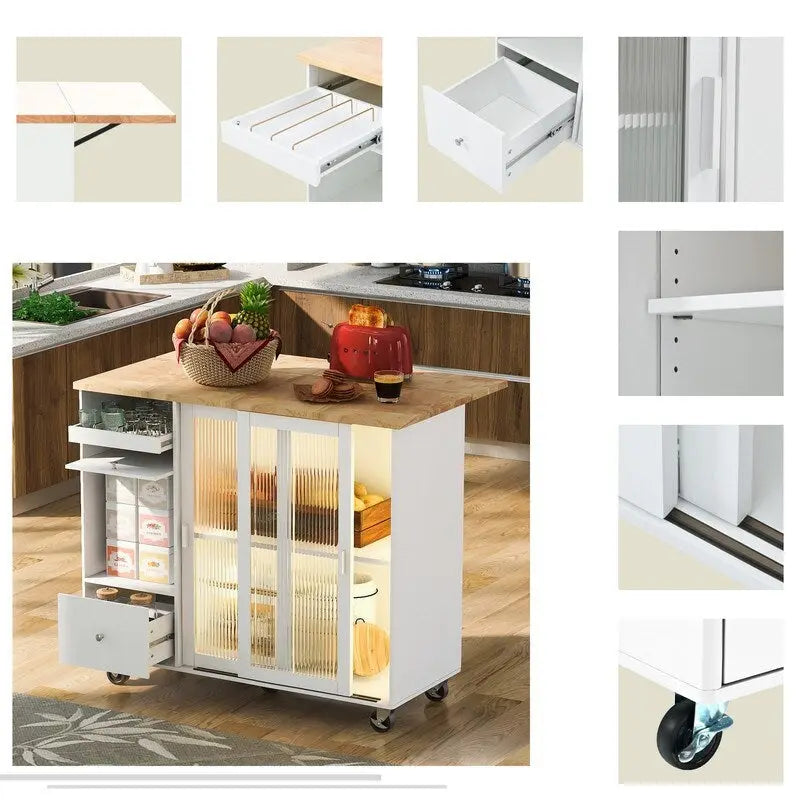 Desserte de cuisine à roulettes avec abattant, lumière LED, 2 portes vitrées cannelées et 1 porte d'armoire basculante.