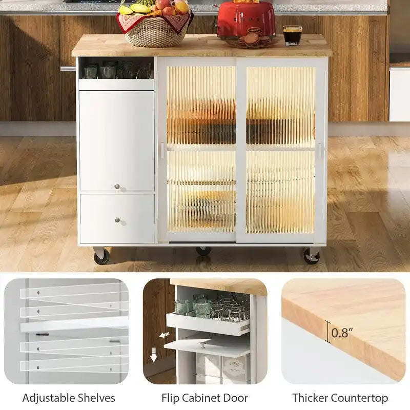Desserte de cuisine à roulettes avec abattant, lumière LED, 2 portes vitrées cannelées et 1 porte d'armoire basculante.
