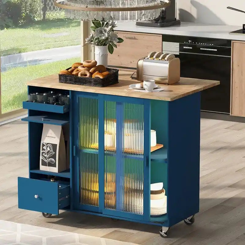Desserte de cuisine à roulettes avec abattant, lumière LED, 2 portes vitrées cannelées et 1 porte d'armoire basculante.