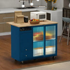 Desserte de cuisine à roulettes avec abattant, lumière LED, 2 portes vitrées cannelées et 1 porte d'armoire basculante.