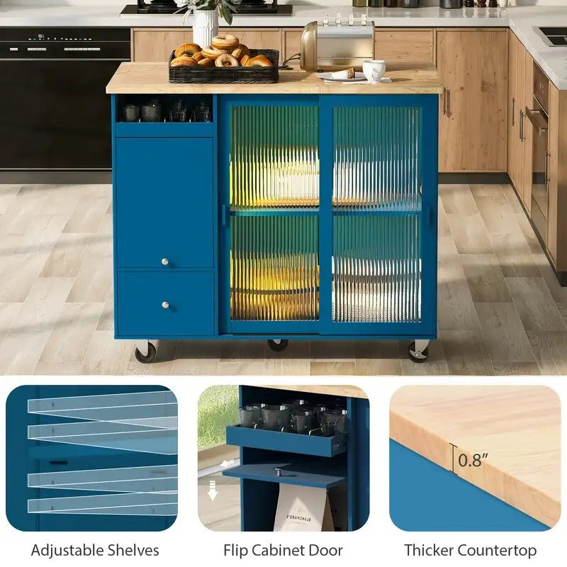 Desserte de cuisine à roulettes avec abattant, lumière LED, 2 portes vitrées cannelées et 1 porte d'armoire basculante.