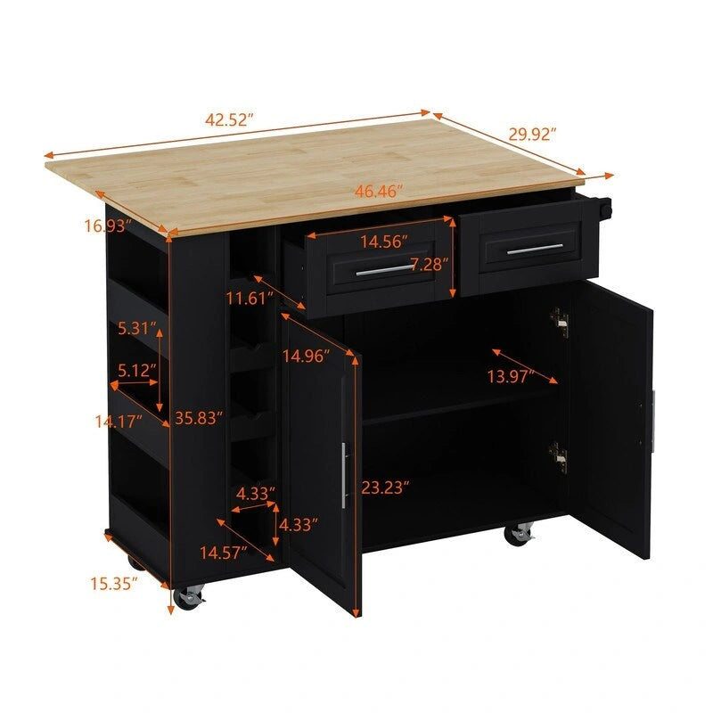 46.46Chariot d'îlot de cuisine multifonctionnel avec porte-épices, porte-bouteilles, porte-serviettes et plateau pliable en bois d'hévéa